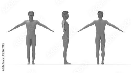 3D rendering of a naked man human being standing and posing with his arms wide spread anatomy Isolated in empty space background. Blank template.