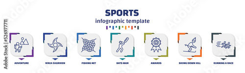 infographic template with icons and 7 options or steps. infographic for sports concept. included adventure, ninja shuriken, fishing net, bats man, awards, skiing down hill, running a race icons.