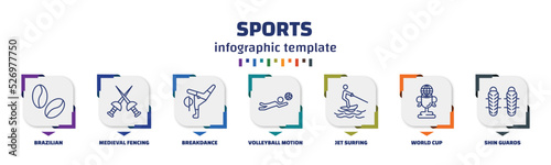 infographic template with icons and 7 options or steps. infographic for sports concept. included brazilian, medieval fencing, breakdance, volleyball motion, jet surfing, world cup, shin guards