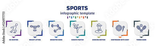 infographic template with icons and 7 options or steps. infographic for sports concept. included ice skating, weight lifting, weighted bars, karate fighter, dancing motion, dartboard with dart,
