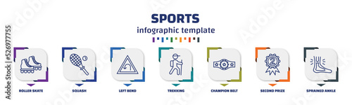 infographic template with icons and 7 options or steps. infographic for sports concept. included roller skate, squash, left bend, trekking, champion belt, second prize, sprained ankle icons. photo