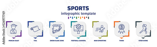 infographic template with icons and 7 options or steps. infographic for sports concept. included pencak silat, foil, snow slide zone, football channel, man sprinting, third, stretching icons. photo