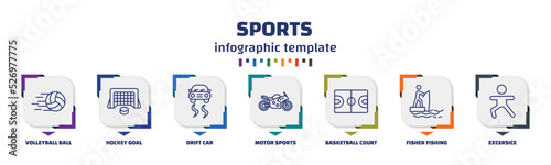 infographic template with icons and 7 options or steps. infographic for sports concept. included volleyball ball, hockey goal, drift car, motor sports, basketball court, fisher fishing, excersice