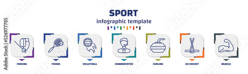 infographic template with icons and 7 options or steps. infographic for sport concept. included fencing, tennis, volleyball, commentator, curling, ice hockey, muscle icons.