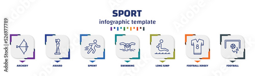 infographic template with icons and 7 options or steps. infographic for sport concept. included archery, award, sprint, swimming, long jump, football jersey, football icons.