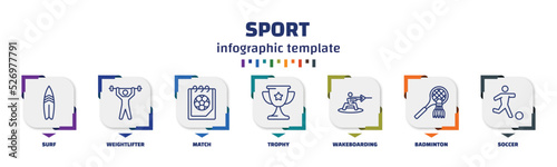 infographic template with icons and 7 options or steps. infographic for sport concept. included surf, weightlifter, match, trophy, wakeboarding, badminton, soccer icons.
