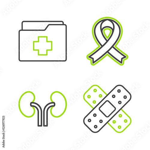 Set line Crossed bandage plaster, Human kidneys, Awareness ribbon and Patient record icon. Vector