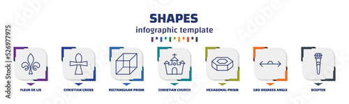 infographic template with icons and 7 options or steps. infographic for shapes concept. included fleur de lis, christian cross, rectangular prism, christian church, hexagonal prism, 180 degrees