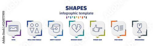 infographic template with icons and 7 options or steps. infographic for shapes concept. included foto, male and female, empty bucket, broken heart, finger gun, high beam, breakeable icons.