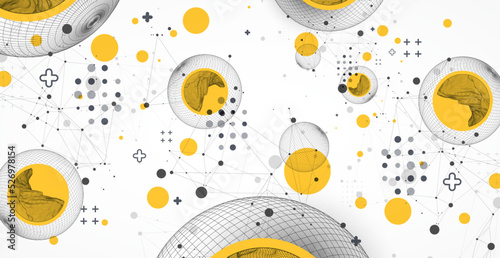 Sphere  theme with connected lines in technology style background. Wireframe illustration. Abstract 3d grid design.
