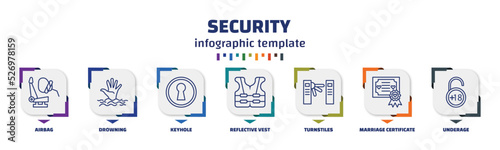 infographic template with icons and 7 options or steps. infographic for security concept. included airbag, drowning, keyhole, reflective vest, turnstiles, marriage certificate, underage icons.