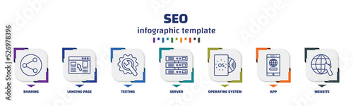 infographic template with icons and 7 options or steps. infographic for seo concept. included sharing, landing page, testing, server, operating system, app, website icons.