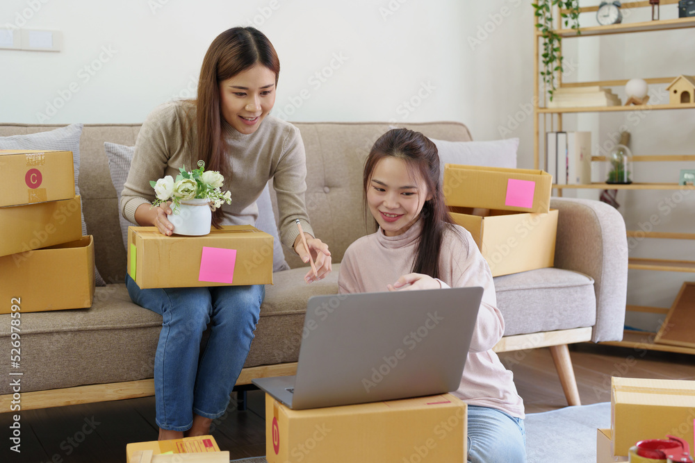 A businesswoman sells items online and checks the goods for packing A businesswoman sells items online and checks the goods for packing