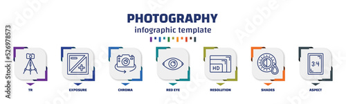infographic template with icons and 7 options or steps. infographic for photography concept. included tr, exposure, chroma, red eye, resolution, shades, aspect icons.