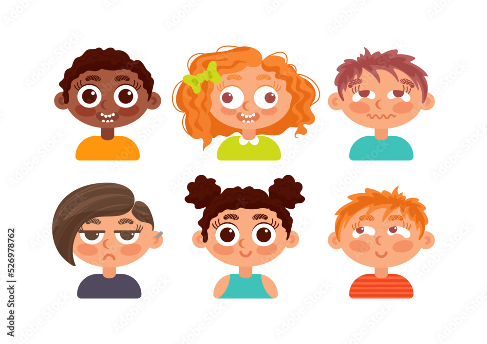 Set of childrens faces of different ethnicities. Positive negative emotions. Disgust, happiness, joy, discontent. For stickers, avatar, design elements. In cartoon style. Set of childrens faces of different ethnicities. Positive negative emotions. Disgust, happiness, joy, discontent. For stickers, avatar, design elements. In cartoon style.