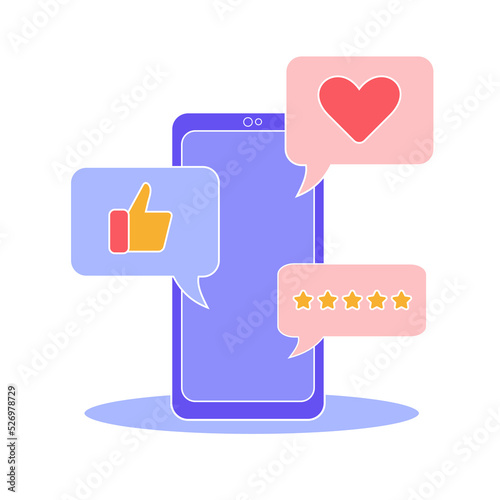 Vector illustration of smartphone with buttons with thumb up, like and rating in blue, pink and yellow, isolated on a white background. Service assessment.