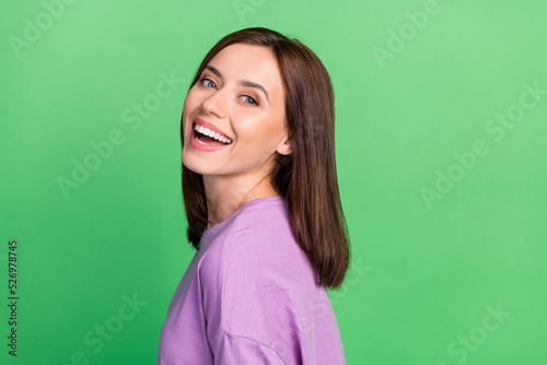 Tablou canvas Photo of pretty cute lady beaming smiling enjoy bright shine veneers isolated on