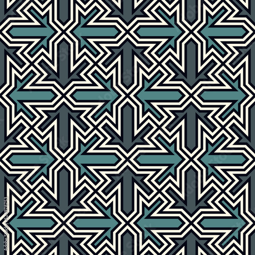 Seamless ethnic ornament. Tribal wallpaper. Arrows image. Folk pattern. Geeometric backdrop. Mosaics motif. Grid background. Digital paper. Textile print. Ethnical web design. Abstract vector art.