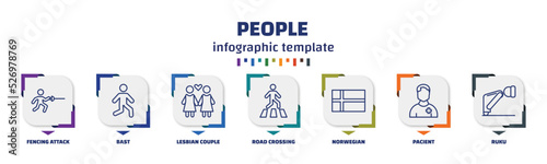 infographic template with icons and 7 options or steps. infographic for people concept. included fencing attack, bast, lesbian couple, road crossing, norwegian, pacient, ruku icons.