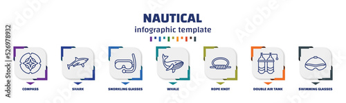 infographic template with icons and 7 options or steps. infographic for nautical concept. included compass, shark, snorkling glasses, whale, rope knot, double air tank, swimming glasses icons.