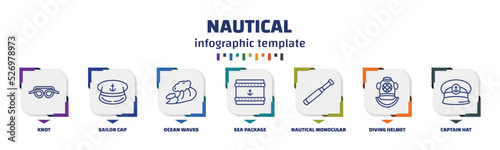 infographic template with icons and 7 options or steps. infographic for nautical concept. included knot, sailor cap, ocean waves, sea package, nautical monocular, diving helmet, captain hat icons.