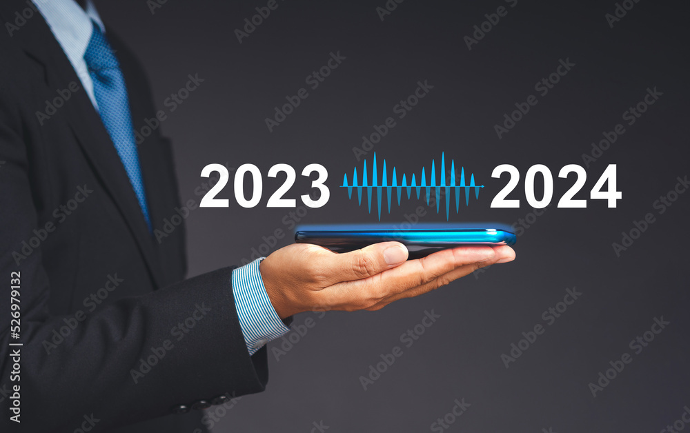 Business planning to 2024. The virtual download bar with loading progress bar for changing the year 2023 to 2024 Business planning to 2024. The virtual download bar with loading progress bar for changing the year 2023 to 2024