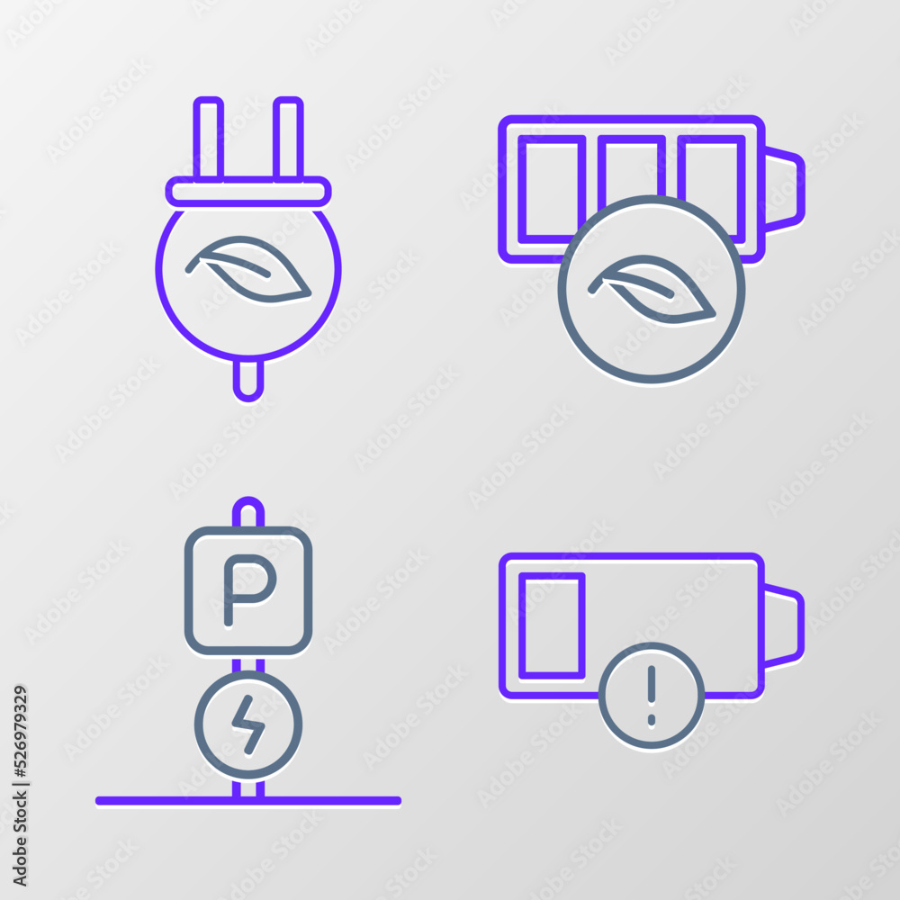 Set line Low battery, Charging parking electric car, Eco nature leaf and Electric saving plug icon. Vector Set line Low battery, Charging parking electric car, Eco nature leaf and Electric saving plug icon. Vector