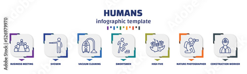 infographic template with icons and 7 options or steps. infographic for humans concept. included business meeting, showin, vacuum cleaning, smortsmen, high five, nature photographer, construction