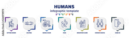 infographic template with icons and 7 options or steps. infographic for humans concept. included sitting down, helping, wheel chair, pain, mountain climb, cooker couple, come in icons.