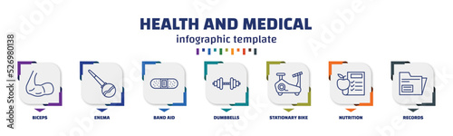 infographic template with icons and 7 options or steps. infographic for health and medical concept. included biceps, enema, band aid, dumbbells, stationary bike, nutrition, records icons.