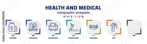 infographic template with icons and 7 options or steps. infographic for health and medical concept. included proteins, poisonous, optometrist, defibrillator, treadmill, gym, breast pump icons.