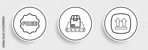 Set line This side up  rice tag with Free and Conveyor belt box icon. Vector