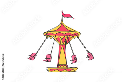Continuous one line drawing wave swinger in the amusement park with four seats and a flag above. The passengers can swing around in the sky. Single line drawing design, vector graphic illustration.
