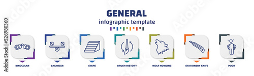 infographic template with icons and 7 options or steps. infographic for general concept. included binocular, balancer, steps, brush history, wolf howling, stationery knife, poor icons.