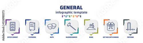 infographic template with icons and 7 options or steps. infographic for general concept. included office cabinet, yearbook, nuts, sledgehammer, sand, gift box with ribbon, fretsaw icons.