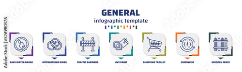 infographic template with icons and 7 options or steps. infographic for general concept. included save water badge, interlocking rings, traffic barriers, live paint, shopping trolley, clockwise,