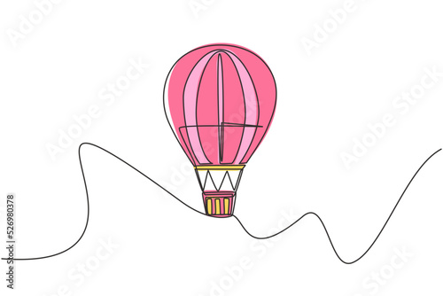 Single one line drawing of hot air balloon with stripe pattern and a passenger basket flying high into the sky. Vacation experience . Modern continuous line draw design graphic vector illustration.