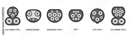 Connectors for electric vehicles. Charger Plug Types. Sockets for charging electric vehicles and hybrid vehicles with the name. Types of plug connectors for the charging station. 