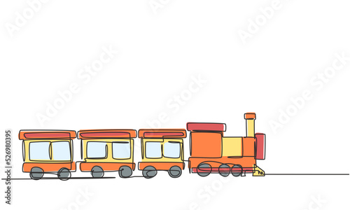 Single one line drawing of a train locomotive with three carriages in the form of a roving steam system in an amusement park to transport passengers. One line draw design graphic vector illustration.