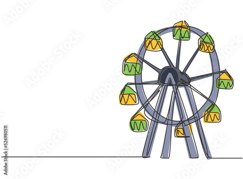 Single one line drawing of a ferris wheel in an amusement park, a large circular circle high in the sky. Interesting recreational rides for families. One line draw design graphic vector illustration.