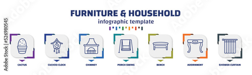 infographic template with icons and 7 options or steps. infographic for furniture & household concept. included cactus, cuckoo clock, chimney, porch swing, bench, adornment, shower curtain icons.