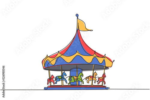 Continuous one line drawing horse carousel in an amusement park spinning under a large tent with a flag on it. Recreation that children love. Single line drawing design vector graphic illustration