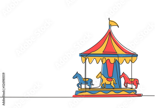 Single continuous line drawing of a horse carousel in an amusement park spinning in a circle under a striped tent with a flag on it. Play on funfair. One line draw graphic design vector illustration.