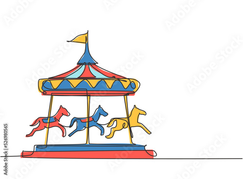 Single continuous line drawing of a horse carousel in an amusement park with horses spinning under the tent with a flag. Happy childhood. Dynamic one line draw graphic design vector illustration.