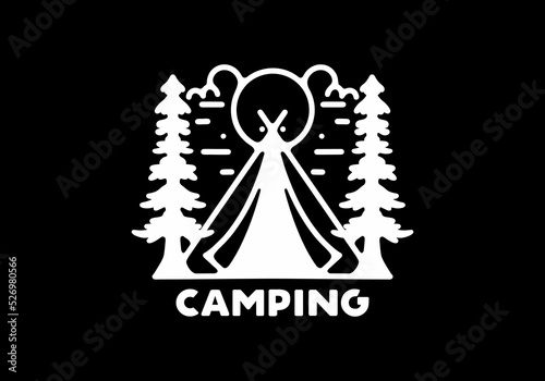 Triangle tent and pine trees line art design on black background