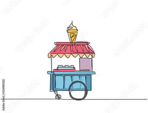 Single one line drawing of ice cream booth at amusement park using a two-wheeled cart with an ice cream logo. Sweet and very tasty food concept. Continuous line draw design graphic vector illustration