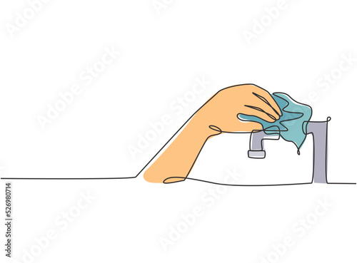 Single continuous line drawing dry the tap water with a towel after washing it thoroughly with clean water. The faucet becomes sleek and shiny again. One line draw graphic design vector illustration.