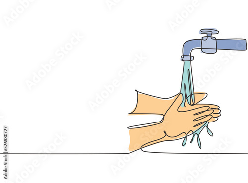 Continuous one line drawing of washing hands with clean water spilled from the tap to protection hands from germs, bacteria, viruses. Flowing water. Single line draw design vector graphic illustration