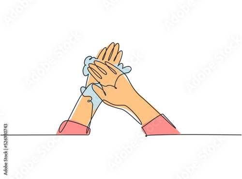 Single one line drawing of twelve steps hand washing by rubbing the back of the hands with soap and water flow. Hand hygiene is part of health. One line draw design graphic vector illustration.