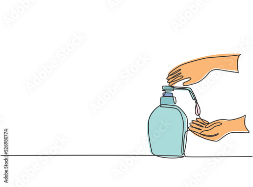 Single continuous line drawing hand sanitizer bottles containing cleaning fluids such as alcohol to clean hands from germs, bacteria, viruses. Dynamic one line draw graphic design vector illustration.